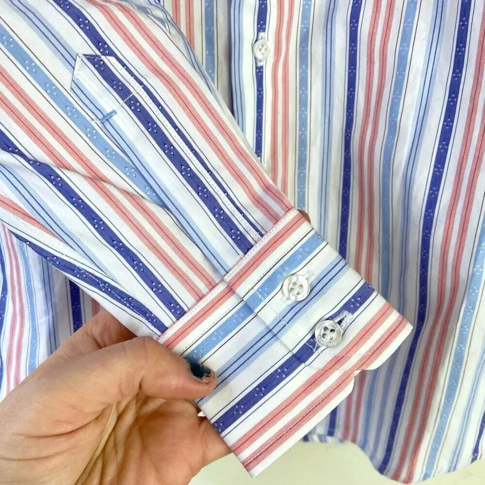 Boys Youth 100% Cotton White Blue and Salmon Button-Up Dress Sport Shirt